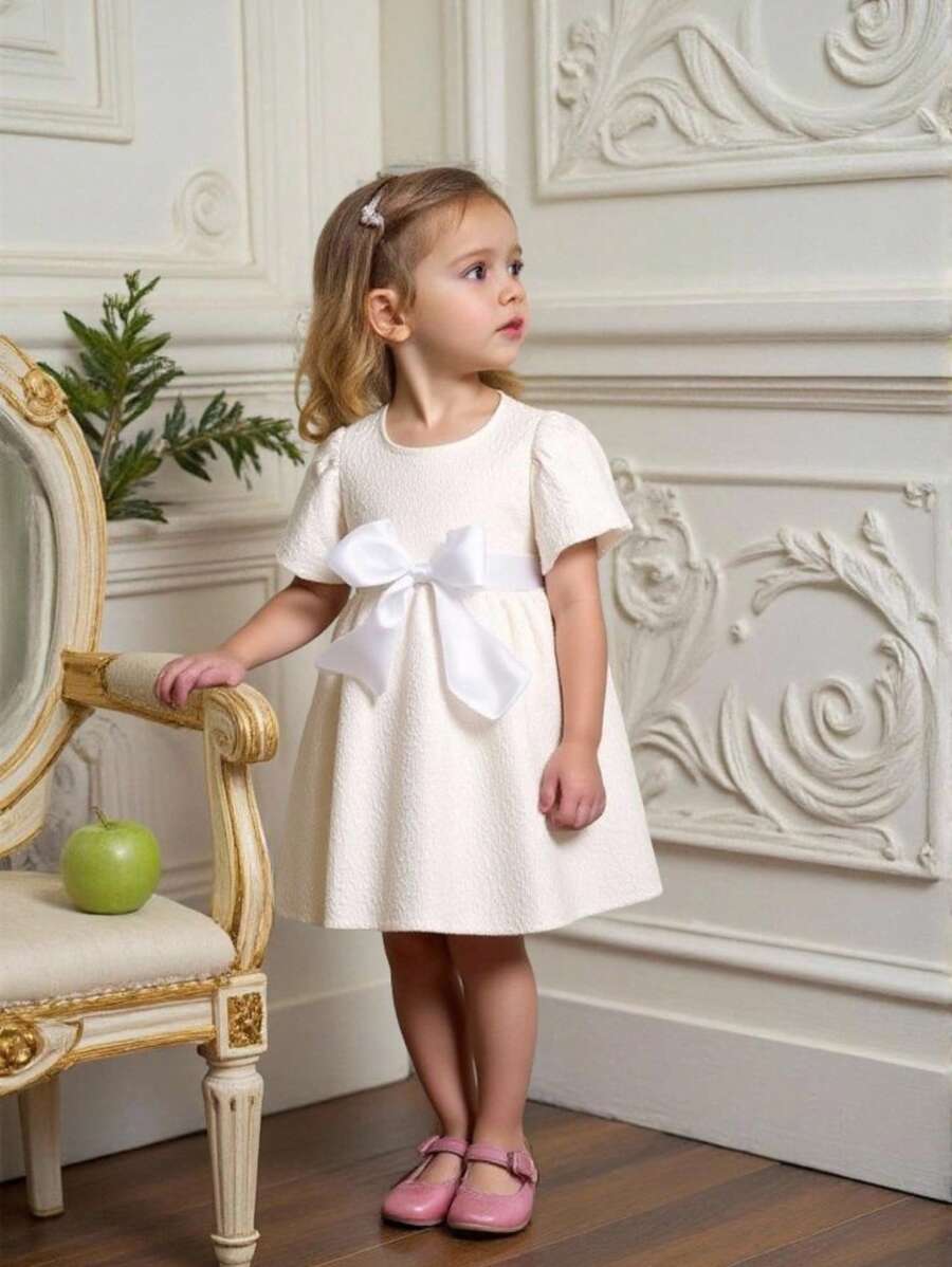 Souflis Souflis Ramadan 2-6Y Toddler Girl Bowknot Princess Tulle Dress Party Wedding Flower Girl Dress, White Textured Jacquard Fabric, Spring/Summer - White - View 1