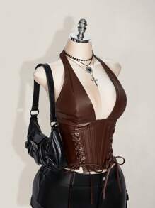 SHEIN ICON 大码女式纯色简约休闲 PU 皮革露背领扣眼装饰系带背心 Y2K 外出酒红色 V 领露肩上衣 - 棕色 - 查看 7