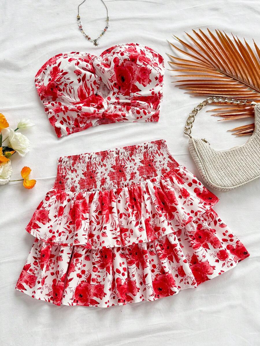 Soleia Bộ 2 áo Bandeau và chân váy xếp tầng thời trang đi nghỉ, màu xanh và trắng - Đỏ và trắng - Xem 1