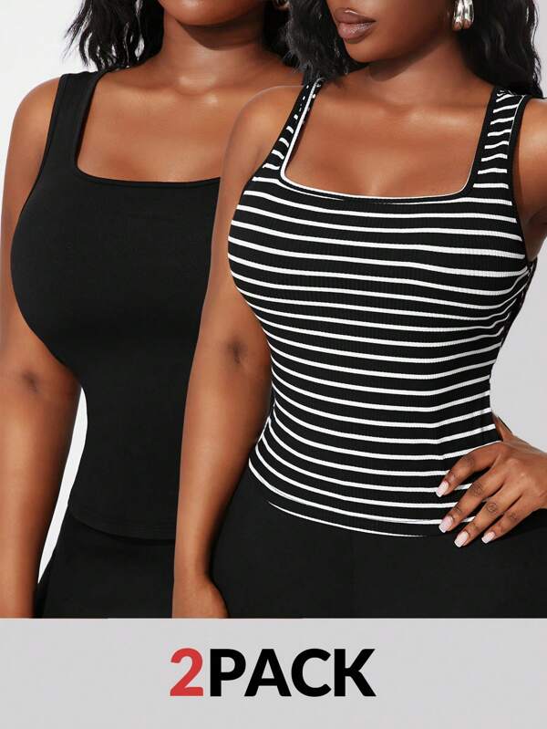 SHEIN SXY Maiou de damă mărime mare, primăvară/vară, sexy, casual, slim fit, fără mâneci, cu dungi albe și negre (pachet multiplu), potrivit pentru stradă, casual, sexy, purtare zilnică, călătorii, cumpărături, întâlniri, cool și confortabil, ușor de asortat, croială flatantă, accentuează forma corpului