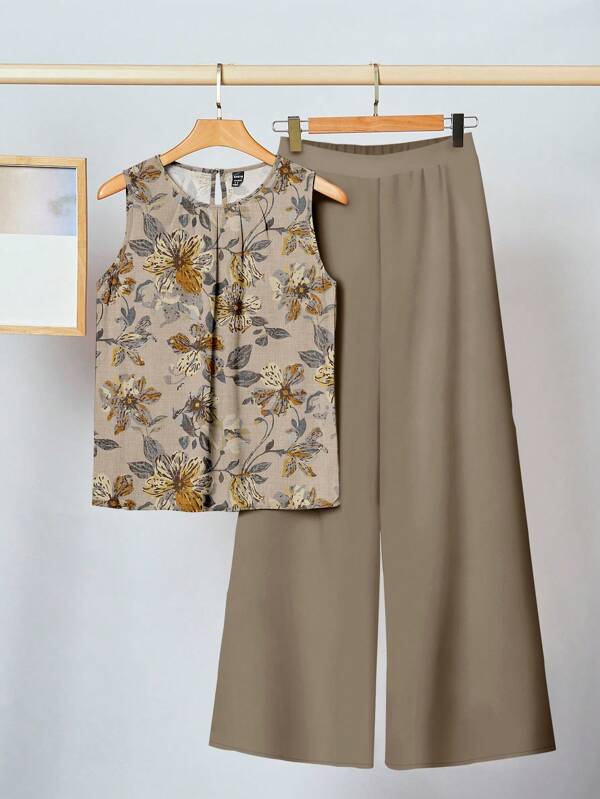 SHEIN Clasi 2pcs Vintage Flower Pattern Casual Minimal Outfit, Elegant Style Suitable For Summer