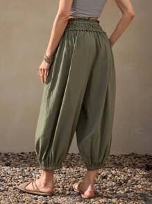 Wildy Summer Casual Country Vacation Green Lantern Pants With Elastic Waist, Cropped Length Cotton Capris For Women Capris For Women Green Capri Pants