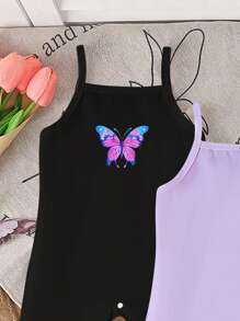 3pcs/Pack Baby Girls' Butterfly Print Strap Romper, 1 Purple, 1 Full Print, 1 Black Baby Girl Butterfly Summer Outfits - Multicolor - View 6