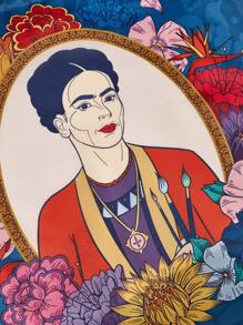 Frida Kahlo X SHEIN Túi Tote Mua Sắm Gấp Gọn Hình Đồ Họa Làm Bằng Sợi Polyester, Có Túi Đính Hạt Nhỏ Có Thể Gắn Vào Túi - Màu xanh lam - Xem 2