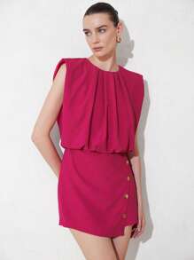 Aveloria Modichic New European And American Fashion Commuter Professional Minimalist Stylish High-Quality Design Round Neck Pleated Shoulder Pad Sleeveless Asymmetrical Contrasting Metallic Button Decor Women Jumpsuit - Hot Pink - View 3