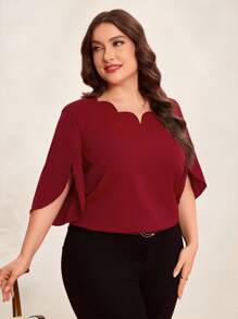 SHEIN Clasi 曲线加大码女式红色 V 领开衩袖浪漫优雅衬衫，情人节，女士度假装，情人节服装，情侣装，女士外出上衣，商务休闲女装，夏季，可爱上衣，女士复古服装，办公室