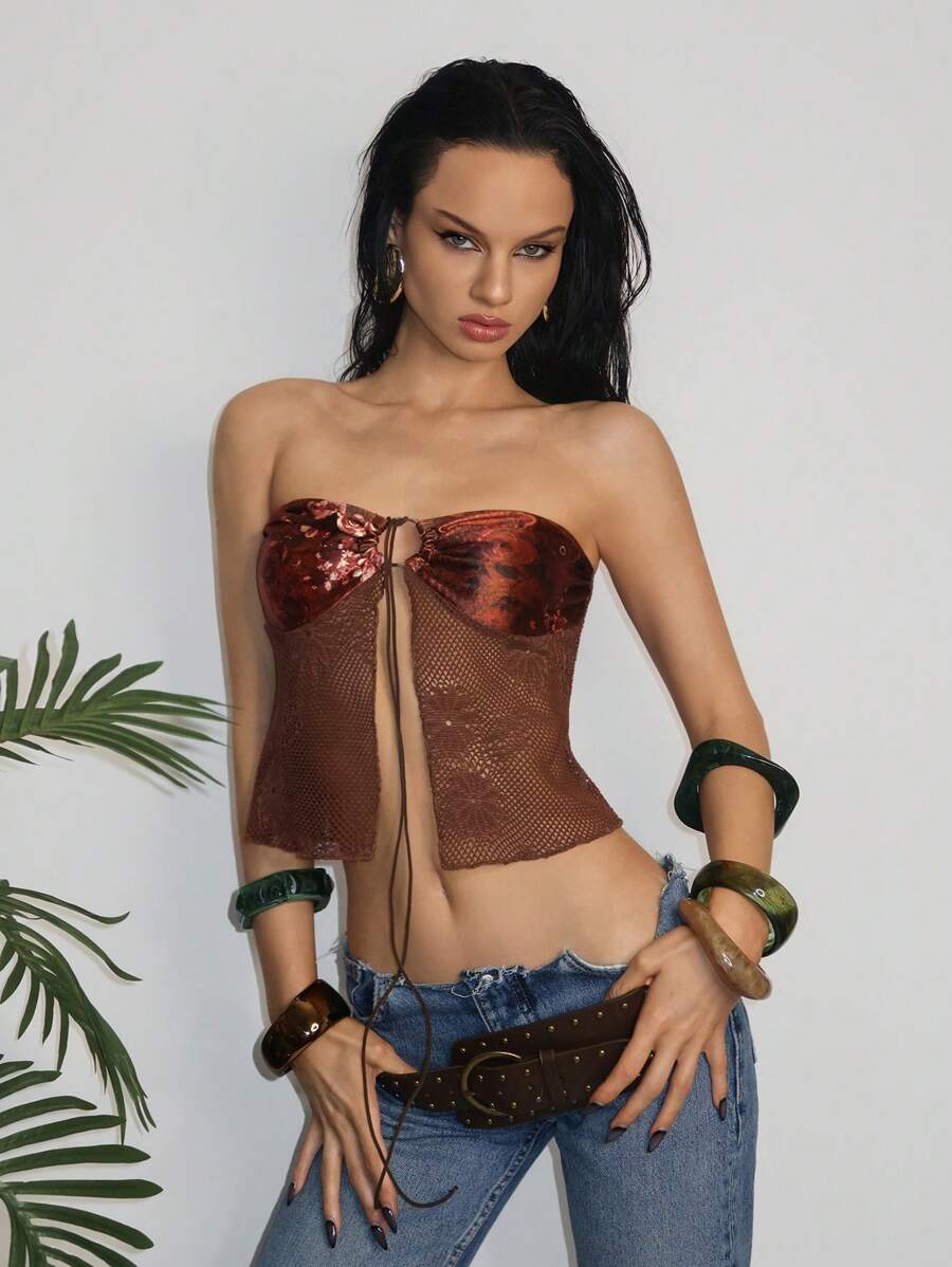 EgrlEra Women's Vintage Floral Print Lace Patchwork Sexy Cropped Camisole Top - Multicolor - View 1
