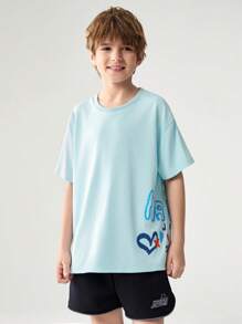 JNSQ Camiseta Esportiva Casual Solta para Volta às Aulas, Camiseta Esportiva Casual Solta com Estampa Gráfica Divertida de Letra de Gola Redonda para Crianças - Azul bebê - Visão 3