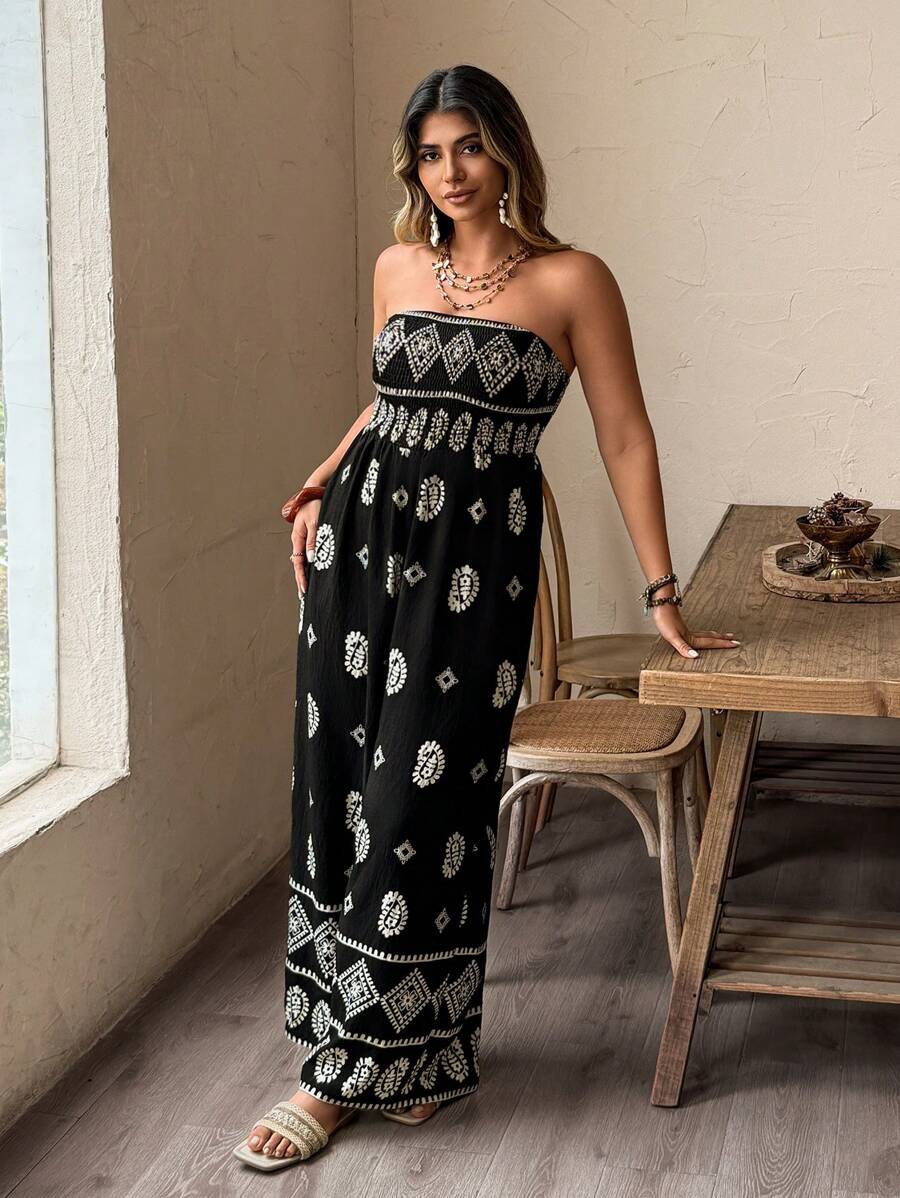 Weeklong 大码女式松紧腰图腾印花阔腿度假沙滩裤 - 黑色 - 查看 1