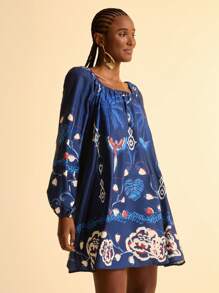 CAJUNI Vestido corto informal de manga farol de manga larga y línea A con estampado retro de pájaros tropicales y plantas en azul marino para mujeres