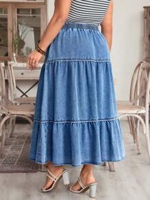 EMERY ROSE Women Plus Size Casual Side Button Ruffle Hem Denim Skirt, Suitable For Vacation - Medium Wash - View 5