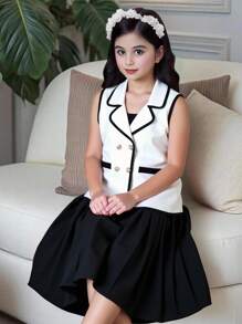 青少年女孩优雅西装领金色装饰纽扣背心上衣和休闲吊带褶边连衣裙套装，适合夏季外出和派对 - 黑色 - 查看 1