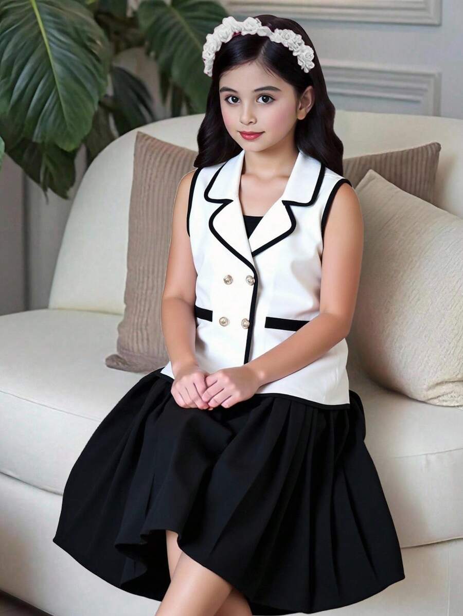 青少年女孩优雅西装领金色装饰纽扣背心上衣和休闲吊带褶边连衣裙套装，适合夏季外出和派对 - 黑色 - 查看 1