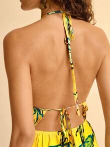 CAJUNI Women's Summer Boho Style Vacation Beach Casual Halter Backless Tie Strap Tropical Print Romper - Multicolor - View 7