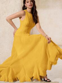 Aveloria Rosie 独特的分层荷叶边下摆收腰黄色长裙，极简主义海滩度假风，别致的女性风格 - 黃色 - 查看 6