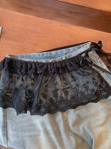 FRIFUL Women's Lace Ruffle Mini Skirt, Layered Cake Style Skirt For Spring & Summer,Back To School Clothes - Black - View 6