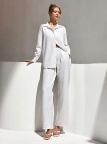 CLARA VERO 长袖衬衫和中腰长直筒裤条纹套装 - 白色 - 查看 1