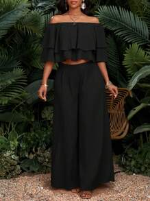 SHEIN Lady Bộ 2 món gồm áo và chân váy trễ vai màu trơn dành cho nữ, thời trang cho mùa hè. - màu đen - Xem 4