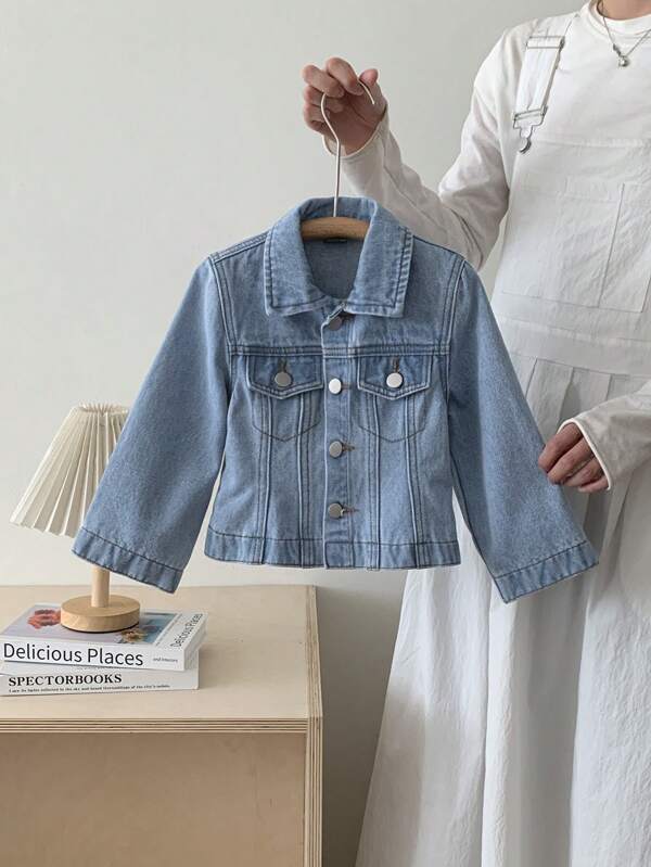 4-7yrs Girls Waist Cinched Flared Denim Jacket, Medium Blue, Button Front Closure, Regular Lapel Collar, Decorative Pockets Design, Must-Have Casual, Commute, Party & Everyday Cute Elegant Fashion Piece, Year-Round Essential