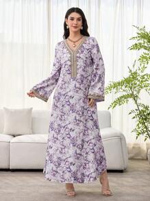 SHEIN Najma 女士花卉印花、钩针拼布、长袖连衣裙、端庄优雅的 A 字形卡夫坦和 Jalabiya 连衣裙，适合晚会/婚礼嘉宾/周年纪念/日常穿着 - 彩色 - 查看 6