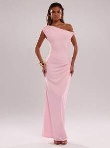 SHEIN BAE Women's Elegant Asymmetric Metal Embellished Maxi Dress,Suitable For Party Gatherings And Daily Commuting Wear - Coral Pink - View 3