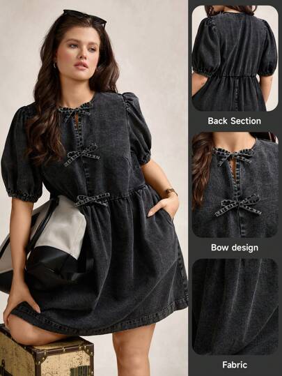 Zelara Vestido de lavado con cuello, lazo y bolsillo para tallas grandes