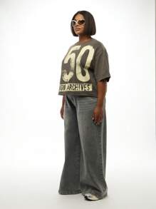 SUMWON Áo phông họa tiết cỡ lớn Boxy Raw Edge Archive Text Print Tee Casual Streetwear Number Top - màu đen - Xem 5