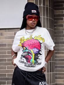 ROMWE Street Life Camiseta de mujer casual de manga corta con cuello redondo y estampado de letras, versátil para el verano