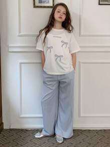 女童蝴蝶结图案 T 恤和直筒裤套装，女童夏季服装，返校服装 - 彩色 - 查看 1