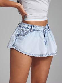 SHEIN ICON Denim Super Low Rise Mini Skirt, Fashionable For Summer - Light Wash - View 4