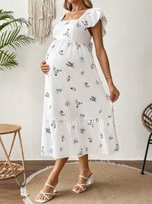 SHEIN 孕妇花卉印花方领盖袖优雅度假连衣裙 - 白色 - 查看 4