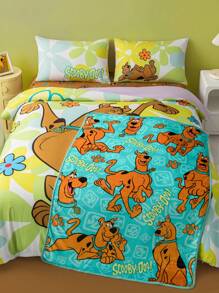 SCOOBY-DOO X SHEIN Bộ chăn ga gối họa tiết chó 3 món, vỏ chăn họa tiết hoa xanh, mềm mại và thoáng khí, phù hợp với nhiều kích thước giường khác nhau - Nhiều màu - Xem 5