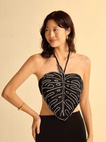 CAJUNI Turtle Bamboo Embroidery Halter Split Hem Casual Mini Dress For Women