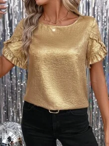 SHEIN Clasi 女士箔片荷叶边短袖衬衫，情人节节日春季款 - 金色 - 查看 3