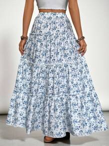 SHEIN VCAY Plus Size Vacation Leisure Small Ditsy Floral Long Skirt
