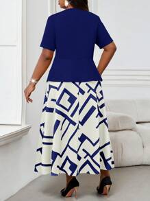 SHEIN Lady Bộ quần áo giáo viên váy in hình học màu tương phản cỡ lớn dành cho nữ hai mảnh mùa hè dành cho nữ trang phục ngày lễ tình nhân trang phục đi nghỉ lễ năm mới dành cho nữ bộ đồ mặc nhà thờ dành cho nữ trang phục mùa xuân dành cho nữ - Màu xanh hải quân - Xem 2
