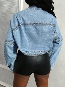 BamGleam Veste et manteau en jean pour femme casual et sobre avec clous - Bleu azur - Voir 2