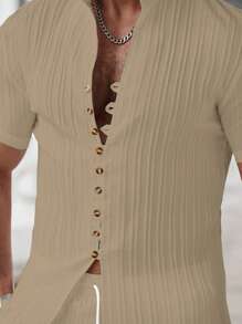 Manfinity Homme 男士夏季纯色短袖单排扣衬衫和短裤休闲西装男两件套 - 卡其色 - 查看 4