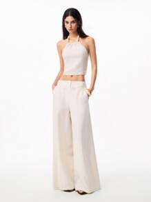 LYSMO 2025春夏新品，女士高端时尚露背短款上衣，亚麻面料精制而成，饰有串珠绳饰。完美契合复古休闲、田园风美学、休闲度假造型和波西米亚风情。 - 杏色 - 查看 7