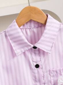 Blusa holgada de niña preadolescente para el verano, con estampado de rayas, parches, bolsillos, encaje y lazo decorativo