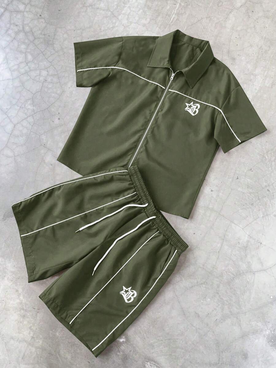 STYNVO Bộ 2 món/Bộ áo sơ mi tay ngắn khóa kéo thường ngày cho nam và quần short dây rút - xanh quân đội - Xem 1