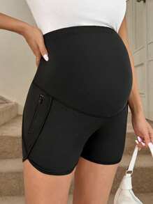 SHEIN Adjustable Waist Maternity Solid Color Pockets Casual Versatile Shorts - Black - View 5