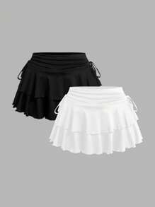 SHEIN EZwear 2 件套大码休闲迷你裙，春夏，俱乐部，机场，教师，度假，海滩女士短裙荷叶边裙迷你裙分层荷叶边裙 - 黑與白 - 查看 9