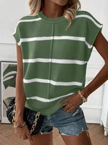 Calvaya Women's Casual Loose Round Neck Drop Shoulder Sleeveless Knitted Vest, Fashion Striped Patchwork Pullover Sweater Tank Top For Autumn/Winter