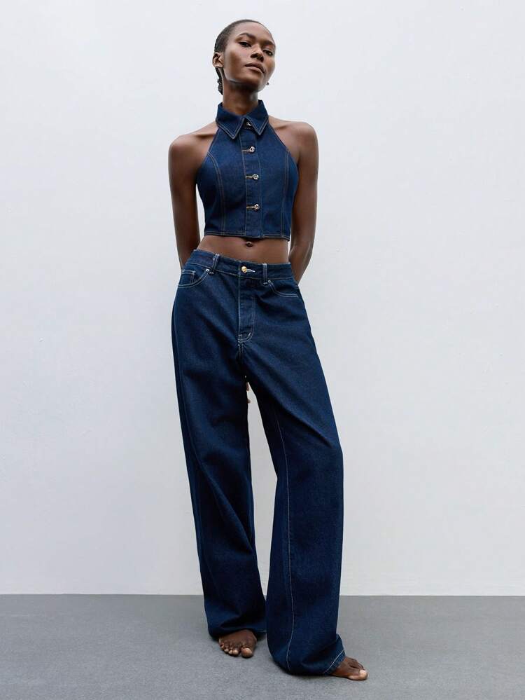 SHEIN Maija Women's Blue Denim Top Sexy Halter Neck Vest Backless Vest Shirt Silver Metal Buckle Decoration Old Money Style Office Casual Wear, Going Out