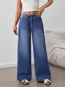 SHEIN Tall Women's Basic Fall Back To School Solid Color Lace-Up Washed Faded Casual Jeans - Blue - View 3