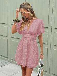 SHEIN Frenchy Đầm mini xếp ly cổ chữ V màu trơn cho kỳ nghỉ hè của phụ nữ - Hồng - Xem 6
