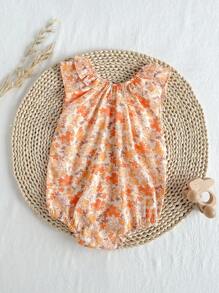 Loomiva Baby Girl Floral Print Knit Soft Round Neck Ruffle Hem Sleeveless Bodysuit - Orange - View 2