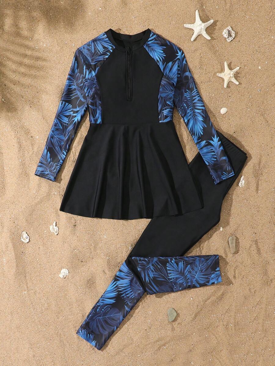 SHEIN Conjunto de 2 piezas de biquini para niñas preadolescentes: Top tipo chaleco sin mangas con estampado floral, cierre con cremallera; Bottom: Falda negra con estampado floral de retazos, traje de baño de dos piezas - Multicolor - Ver 1