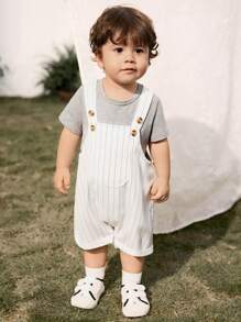 Cozy Pixies 2pcs/Set Baby Boy Anchor Print Soft Knit Short Sleeve Pullover Top And Bib Shorts Set - Grey - View 3